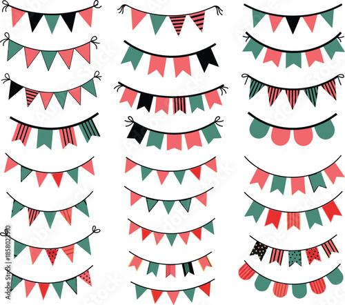 Various festive bunting garlands and pennant flags arranged in rows, perfect for party invitations and decorations