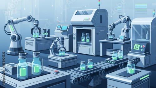 Industrial robotic arms working on laboratory glassware in a futuristic manufacturing facility
