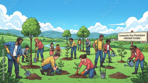 Community tree plantation event for a greener future with people planting trees and saplings in a green