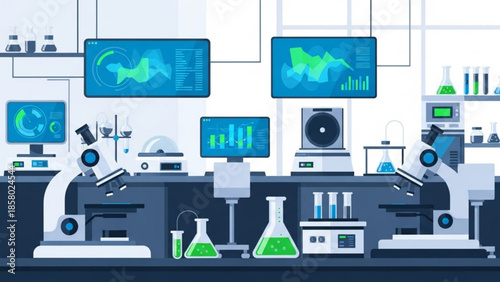 Modern laboratory interior with microscopes, computers, and scientific equipment for research