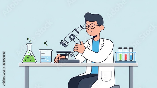 Smiling scientist in lab coat examining sample under microscope at laboratory table with colorful test