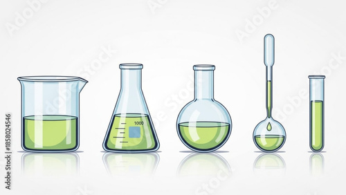 Laboratory glassware with green liquids on white background for science and research