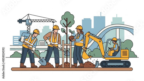 Construction workers planting tree with excavator in city background