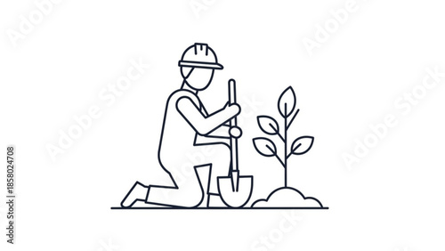 Man kneeling with shovel planting young tree in ground with one knee bent eco friendly gardening concept