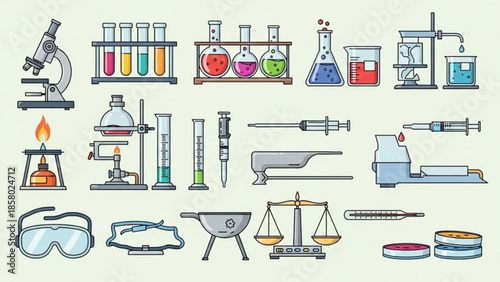 A collection of colorful laboratory equipment and scientific tools for research and experiments in a lab
