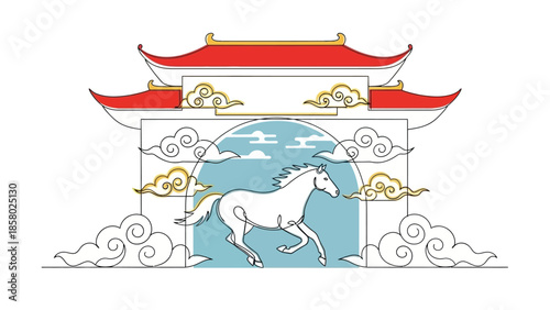 illustration of white horse runs through chinese gate