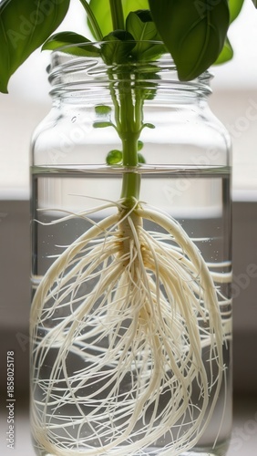 Fresh plant cutting rooted in glass jar with visible white roots.
