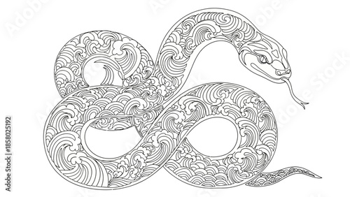 minimalist one line ornate snake illustration, black and white