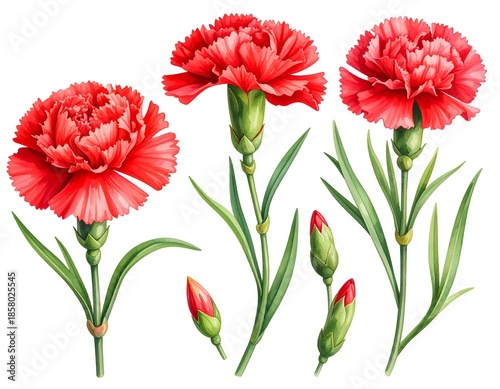 Watercolor illustration of vibrant red carnations with green stems and leaves against white