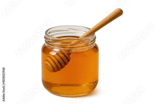 Honey jar with wooden dipper on transparent background