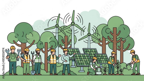 Workers in hard hats installing solar panels and wind turbines among trees for renewable energy