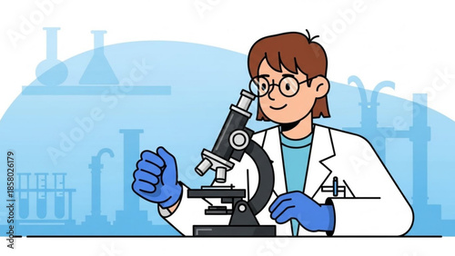Cartoon scientist woman in lab coat and blue gloves looking through microscope in laboratory setting