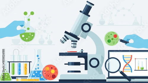 Science laboratory equipment with microscope, test tubes, and dna analysis on computer screen, hands