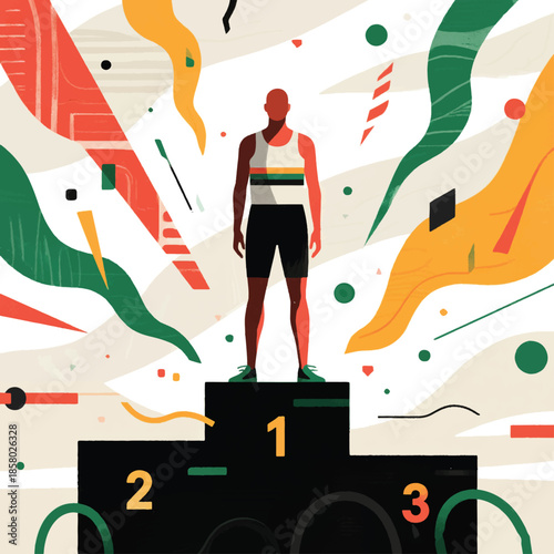 Illustration Of Athlete Standing On Top, Symbol Of Achievement And Motivation, Wide Open Sky Vector Design Template