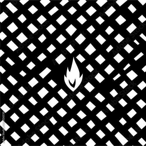 Black lattice pattern with white diamonds and a central white flame design element in the middle area