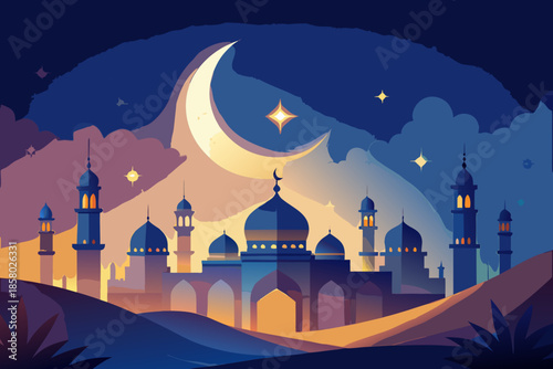 Illuminated mosque under moonlit sky