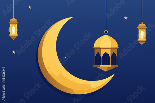 Illuminated crescent moon and lanterns