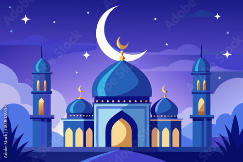Illuminated mosque under moonlit night