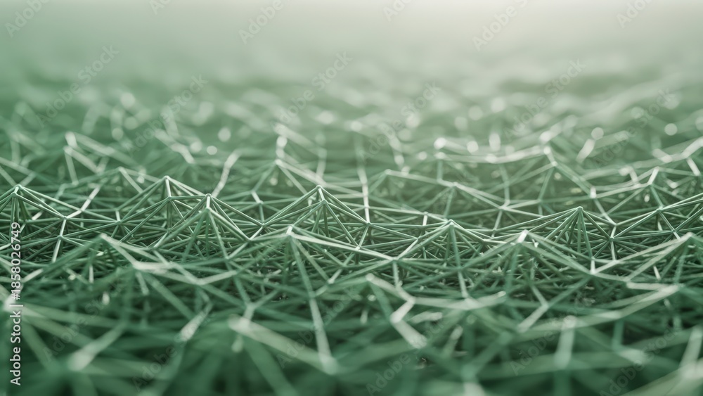 Obraz premium Abstract Green Network Grid with Interconnected Lines and Nodes.
