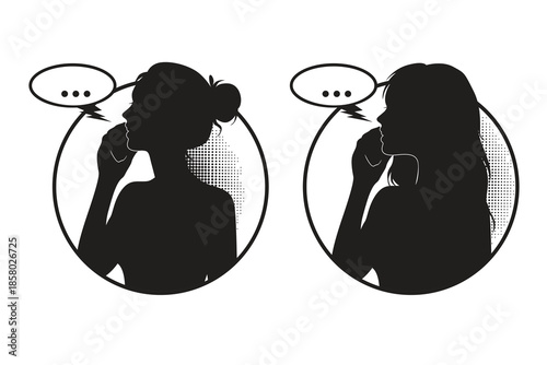 Vector illustration of woman silhouette talking on smartphone with speech bubble, minimal comic style isolated on white background.