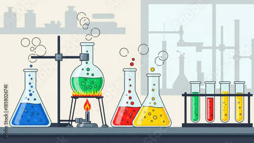 Colorful laboratory setup with beakers and test tubes on a shelf with a bunsen burner heating a green
