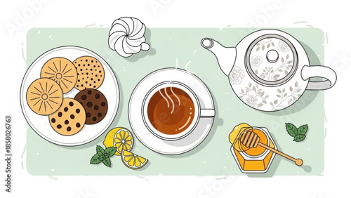 Delicious sweet cookies on a plate with tea and honey on a pastel green background