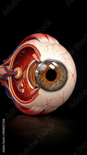Medical anatomy visualization eye showing detailed internal structures of human eye including retina optic nerve lens iris cornea blood vessel macula sclera pupil vitreous humor choroid muscle warm