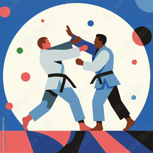 Illustration Of A Judo Athlete Throwing His Opponent While Competing In The Arena Vector Design Template