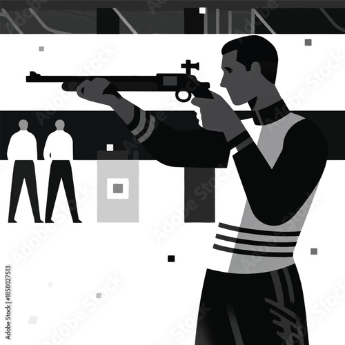 Illustration Of An Athlete Shooting Using A Sniper While Focusing On Aiming At The Target Vector Design Template