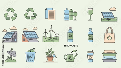 Eco-Friendly Sustainability and Green Energy Minimalist Icon Collection