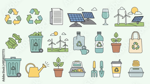 Eco-Friendly Sustainability and Green Energy Minimalist Icon Collection