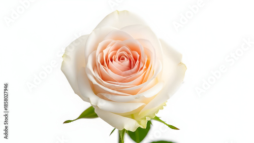 A delicate pale peach rose with creamy white outer petals is presented against a stark white background