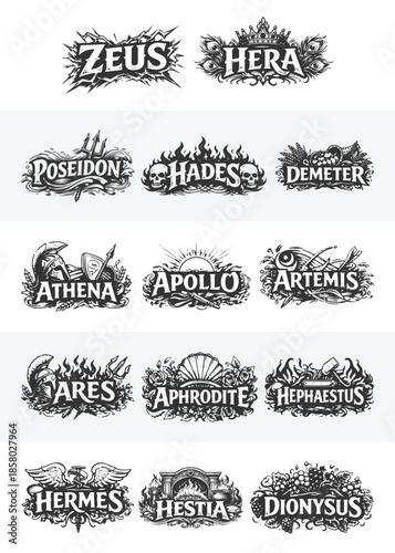 Greek gods and goddesses name badge set featuring Zeus, Hera, Poseidon, Hades, Demeter, Athena, Apollo, Artemis, Ares, Aphrodite, Hermes, Hephaestus, Hestia, and Dionysus in black and white vector