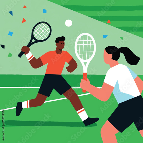 Illustration Of Young Athletes Playing Mixed Doubles Padel On An Outdoor Court Vector Design Template