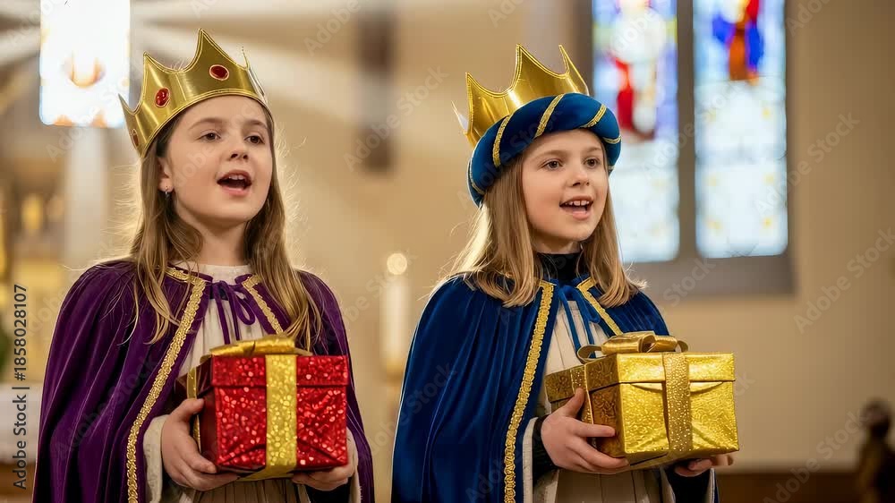 Two young girls dressed as magi singing during Epiphany celebration in ...