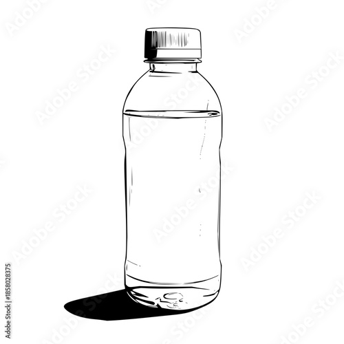 A black and white sketch of a clear plastic water bottle with a cap and a shadow on a white background