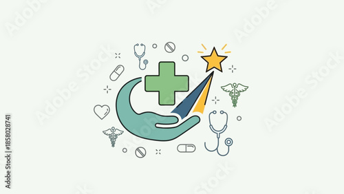 Healthcare success and achievement symbol with medical icons.