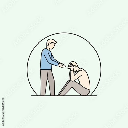 Two people inside a circle one comforting the other.