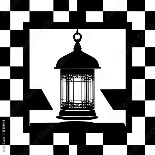 Elegant lantern silhouette with checkered border creates a striking visual statement that is artistic