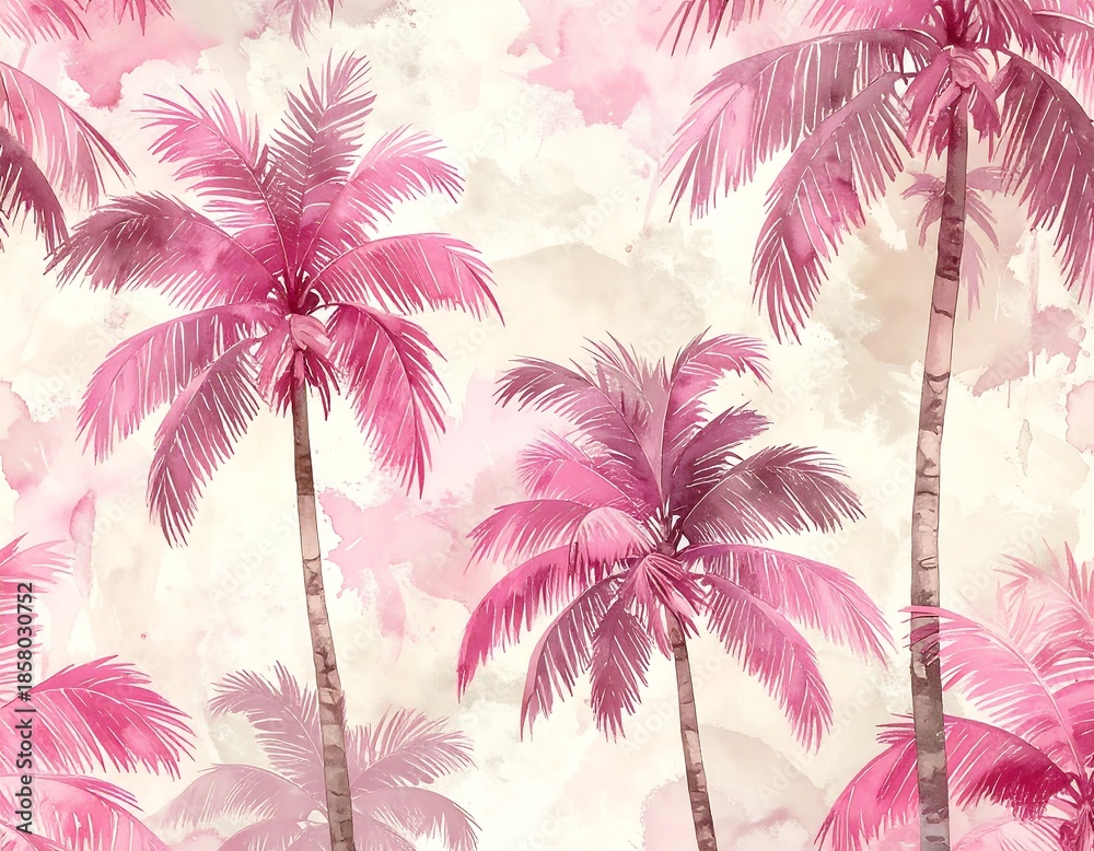 Fototapeta premium Watercolor-style illustration of pink palm trees against a backdrop of soft pastel hues and texture
