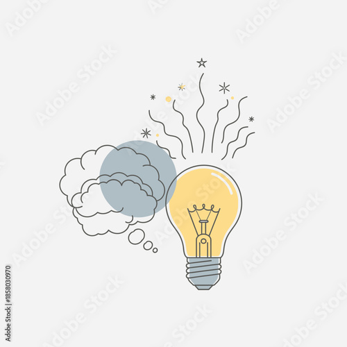 Bright idea light bulb with thought bubble and sparks.