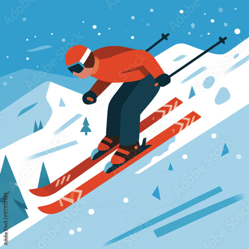 Illustration Of A Snow Skier Soaring High With Glistening Snow And Towering Mountains In The Background Vector Design Template
