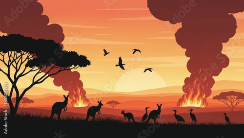 Wild animals fleeing from savannah wildfires during a dramatic sunset