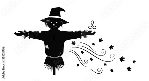Spooky scarecrow silhouette with falling autumn leaves and swirling wind on white background