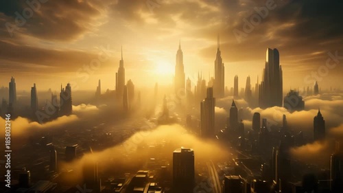 Epic Sunrise Over Futuristic City Skyline Cinematic Background