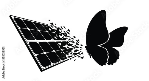 Solar panel transforming into a butterfly, symbolizing renewable energy and nature's rebirth.