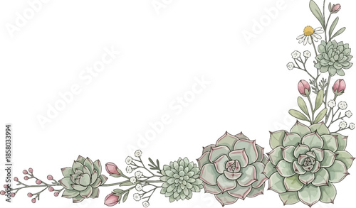 Hand-drawn watercolor illustration of a delicate succulent and floral corner border arrangement with soft green and pink tones, perfect for elegant invitations and decorative designs.