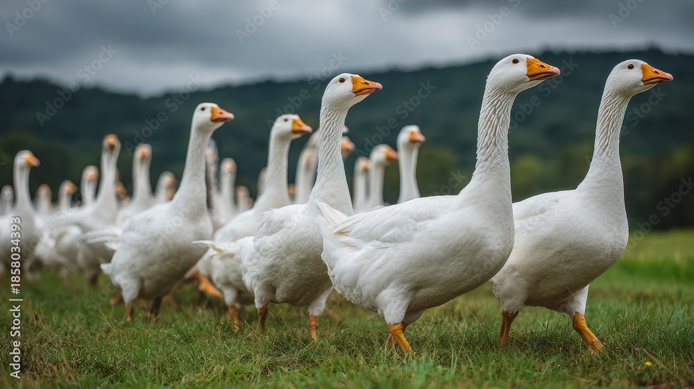 Fototapeta premium A flock of white geese, walking on grass in an open field under an overcast, cloudy sky, with trees in the distance