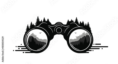 Binoculars revealing a serene forest landscape with distant mountains and a bird in flight.