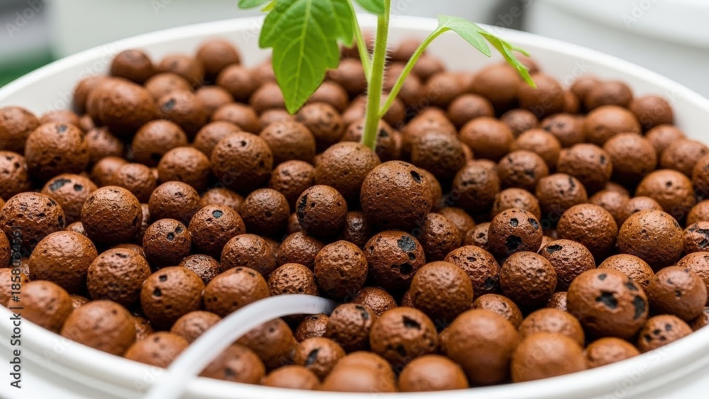 Fototapeta premium Young Seedling Growing In Clay Pebble Substrate.